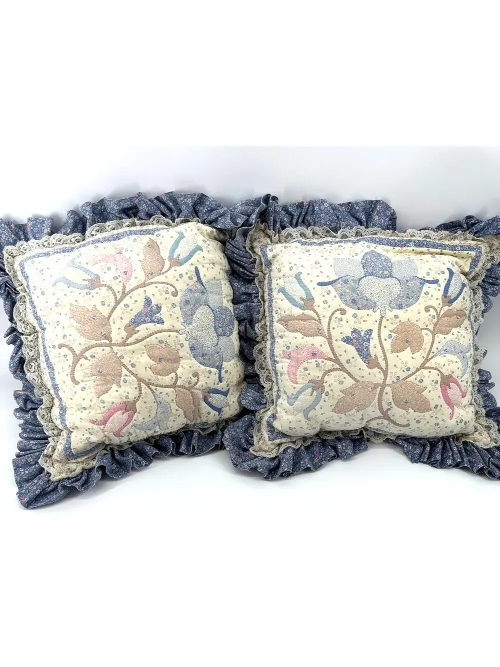 Quilted Floral Throw Pillows Pair Ruffle Lace Trim Blue Pink Cottage Vintage